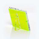 Neon yellow-green acrylic award with beveled edges and transparent stand.