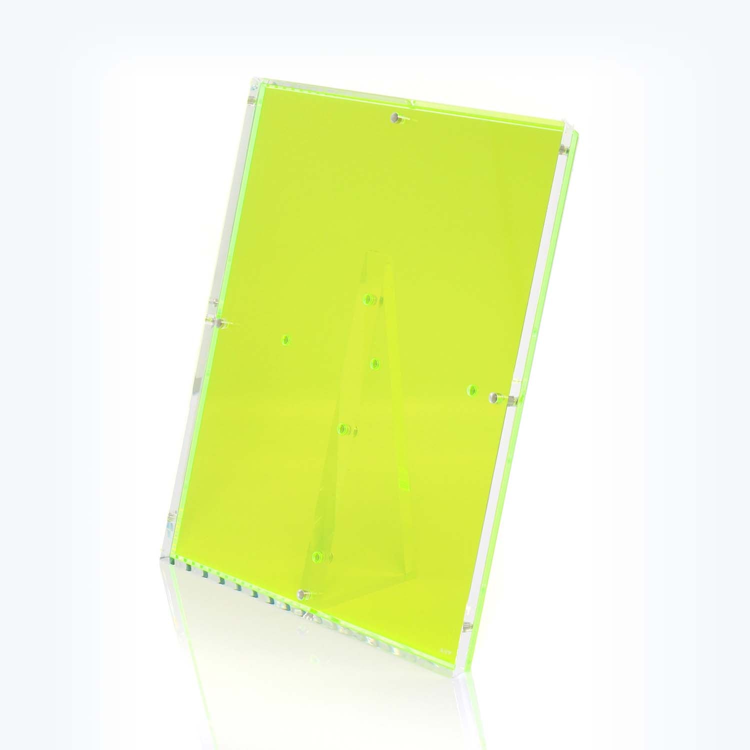 Neon green acrylic brochure holder with a sleek, modern design.