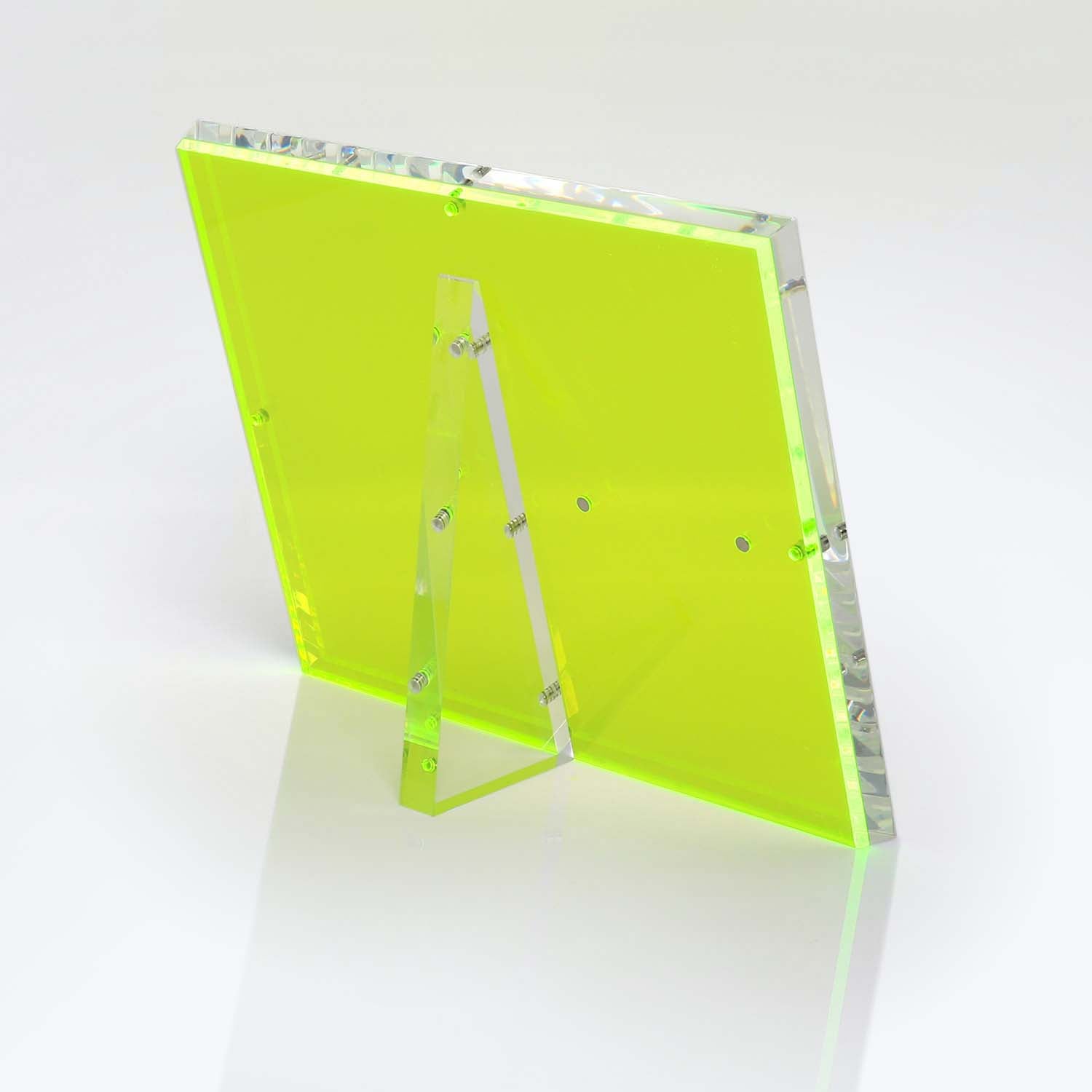 Vibrant neon green acrylic stand with sleek, modern design.