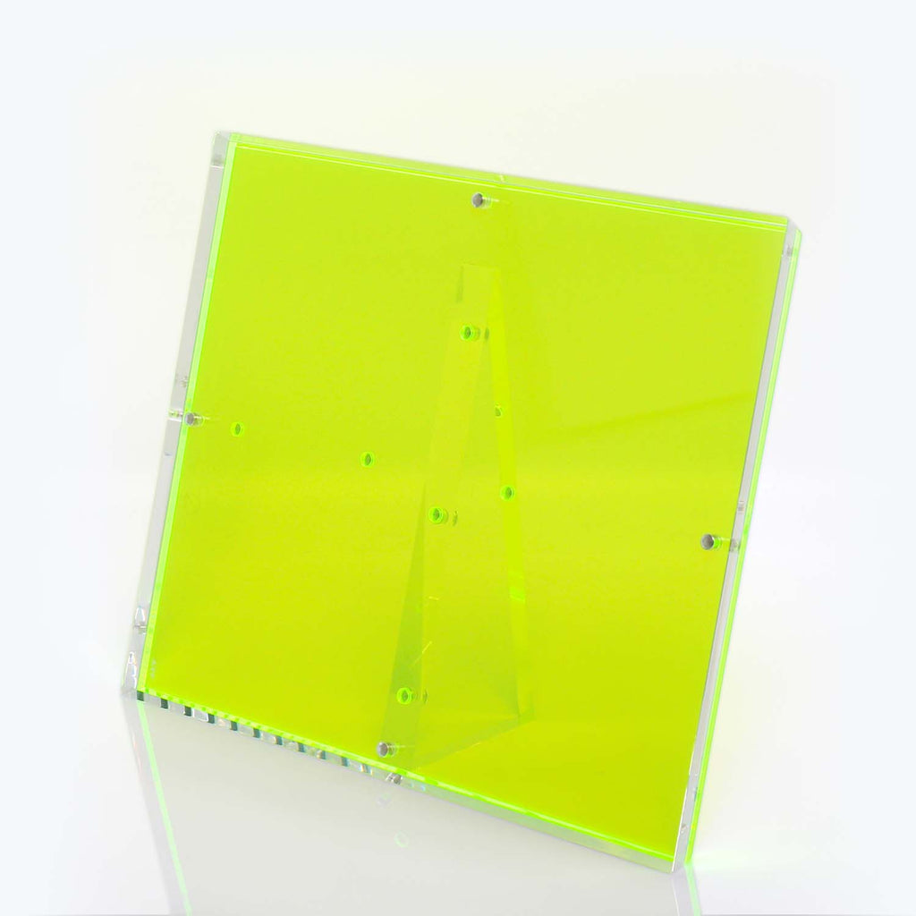Fluorescent green acrylic stand with multiple display holes and rivets.