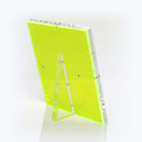 Neon green acrylic display stand with sturdy construction and bolts.