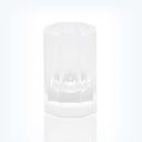 Minimalist clear plastic cup with ribbed design on white base.