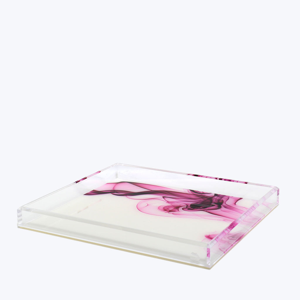 Rectangular acrylic tray with pink and purple swirling designs.