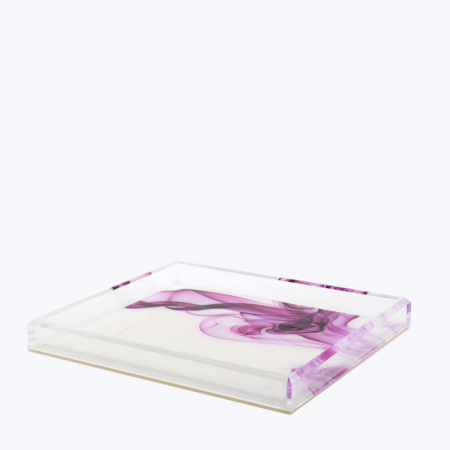 Modern, transparent tray with abstract purple swirls for stylish organization.