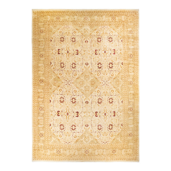 Intricately designed rectangular area rug in shades of beige and gold.