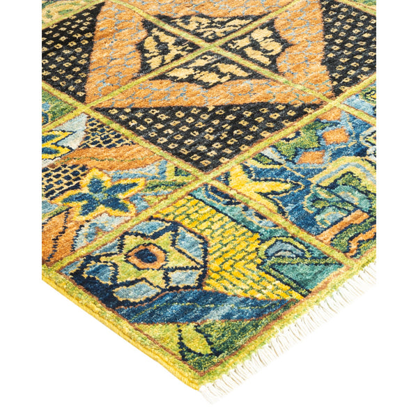 Vibrant and intricate rug with geometric patterns in various colors.
