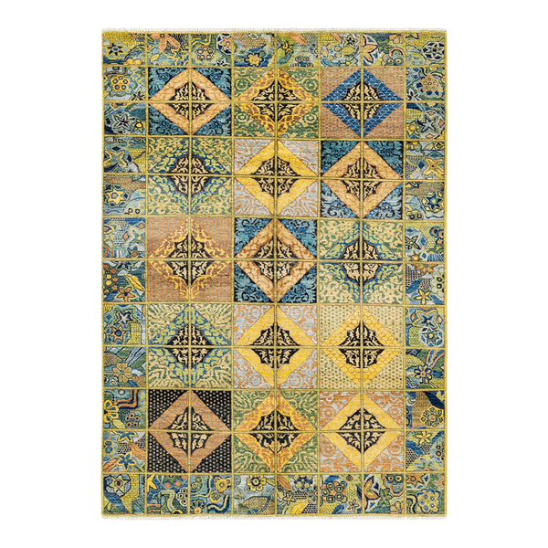 An ornate patchwork-style rug with intricate geometric and floral patterns.