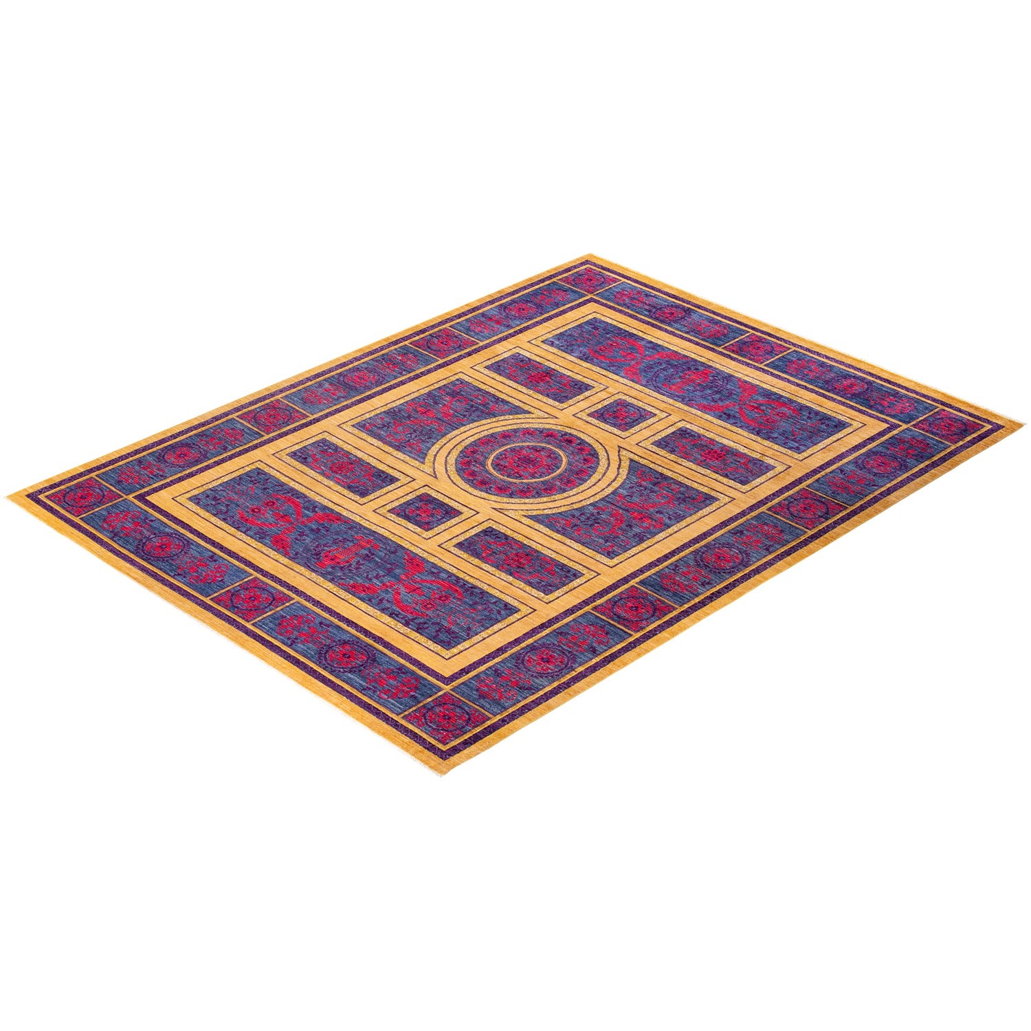 Vibrant rectangular area rug with geometric and floral design.