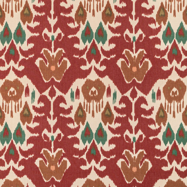 Detailed traditional fabric design with symmetrical shapes and motifs in rich colors.