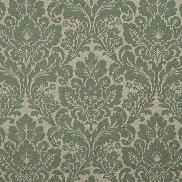 Symmetrical floral damask pattern in linen and rich green.