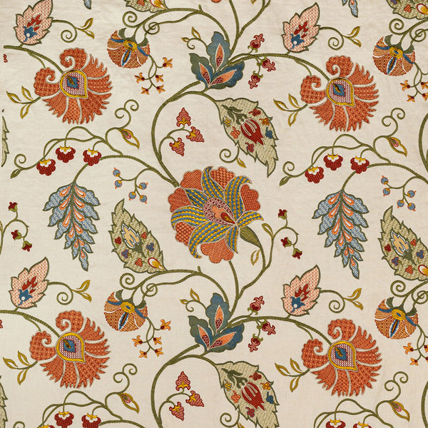 Vibrant, symmetrical fabric pattern with stylized floral motifs and foliage