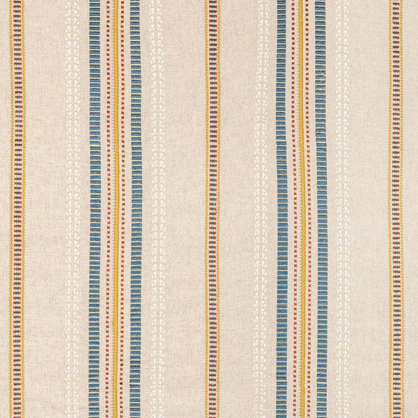 Repeating patterned textile design with denim-like blue and multi-colored stripes.