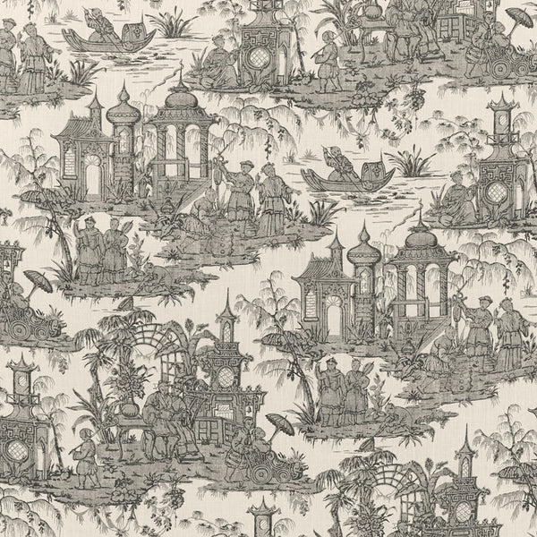 Captivating chinoiserie-inspired pattern depicts a lush, exotic landscape with intricate details.