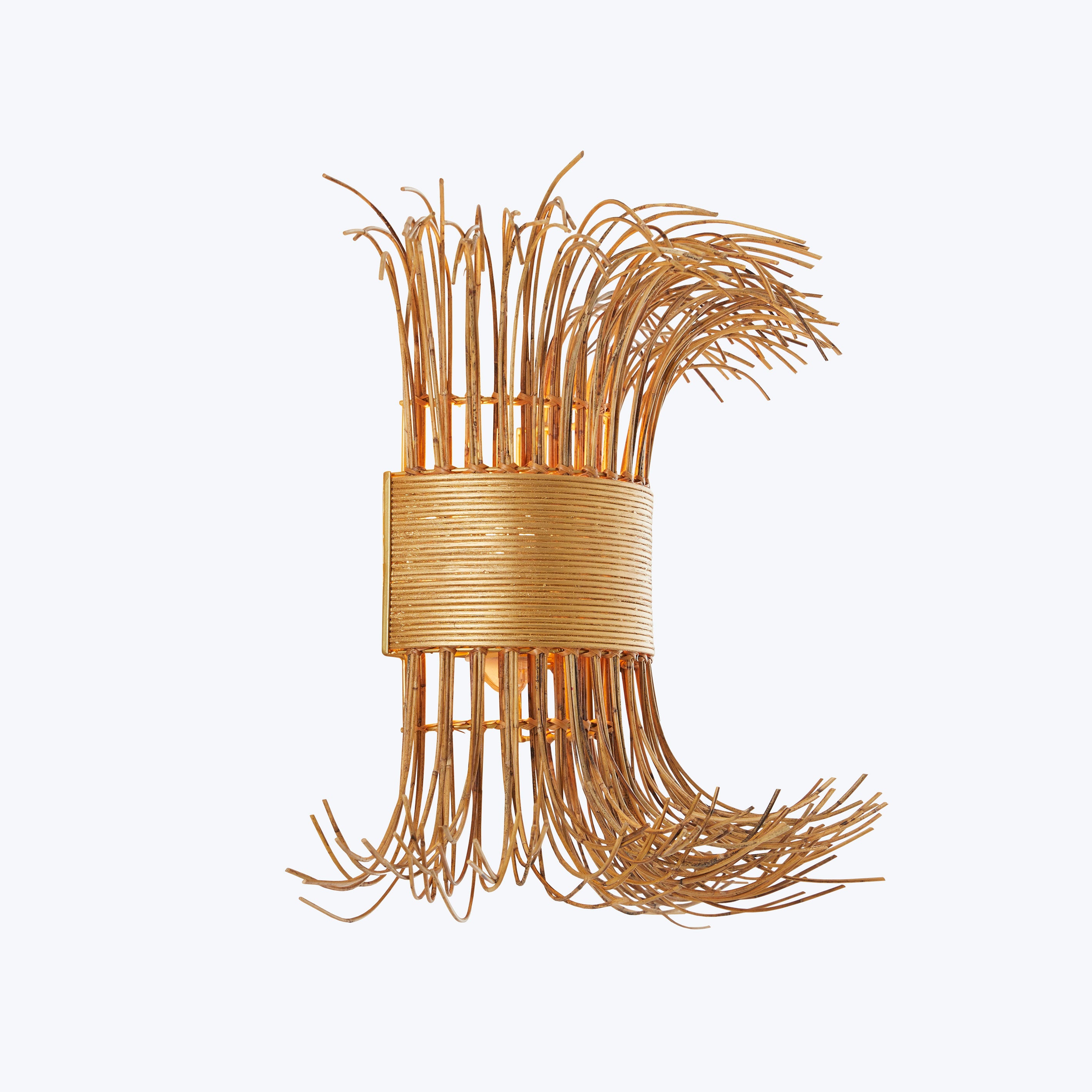 Golden textured sculpture with symmetrical chaos surrounded by bending rods.