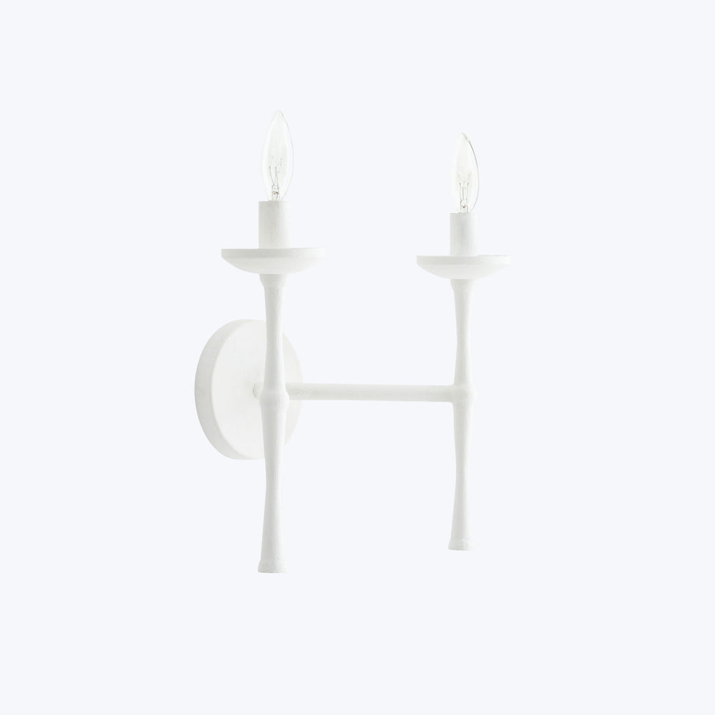 Minimalist white double-arm wall sconce mimicking candlestick style lights.