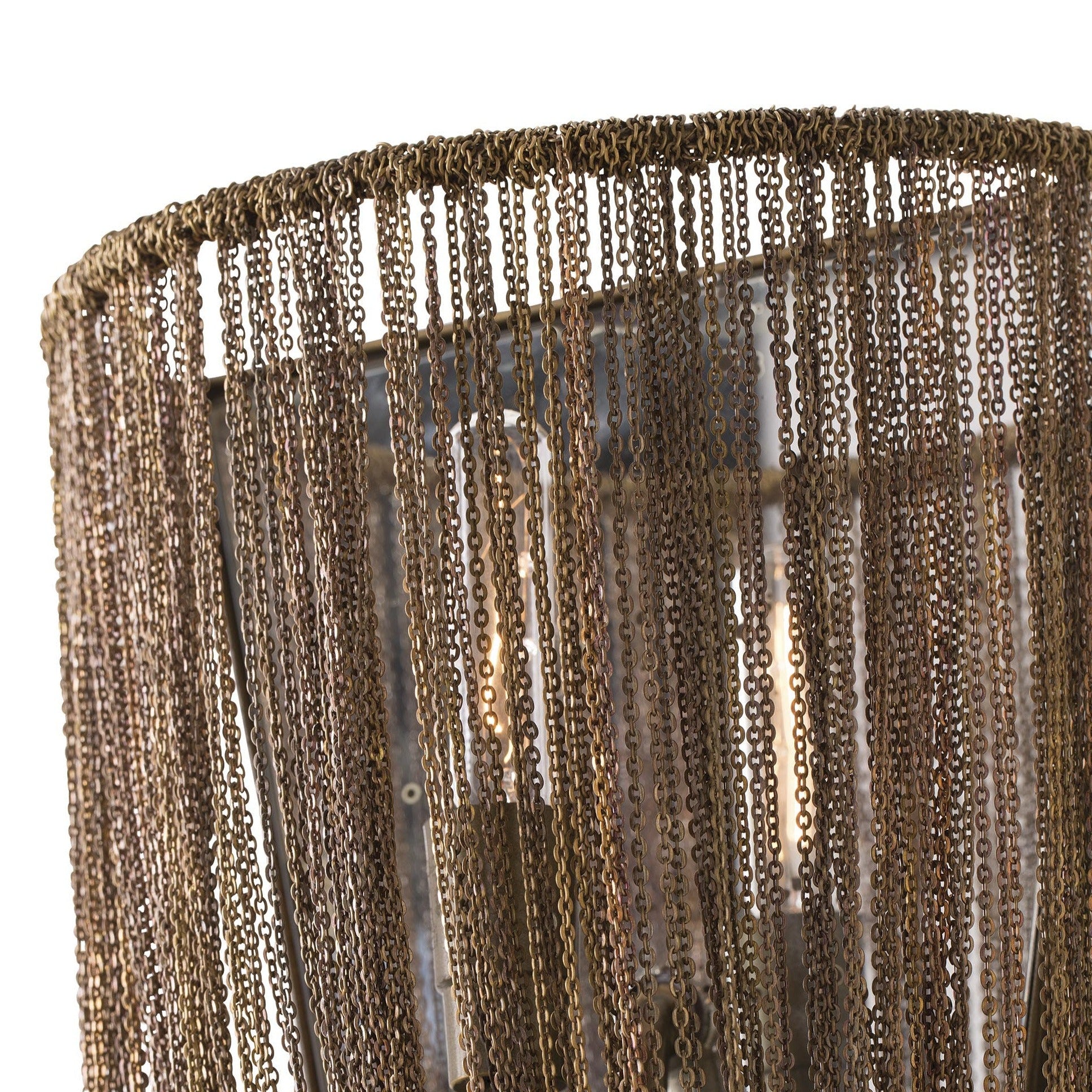 Shimmering gold chains create a warm glow in decorative lighting.