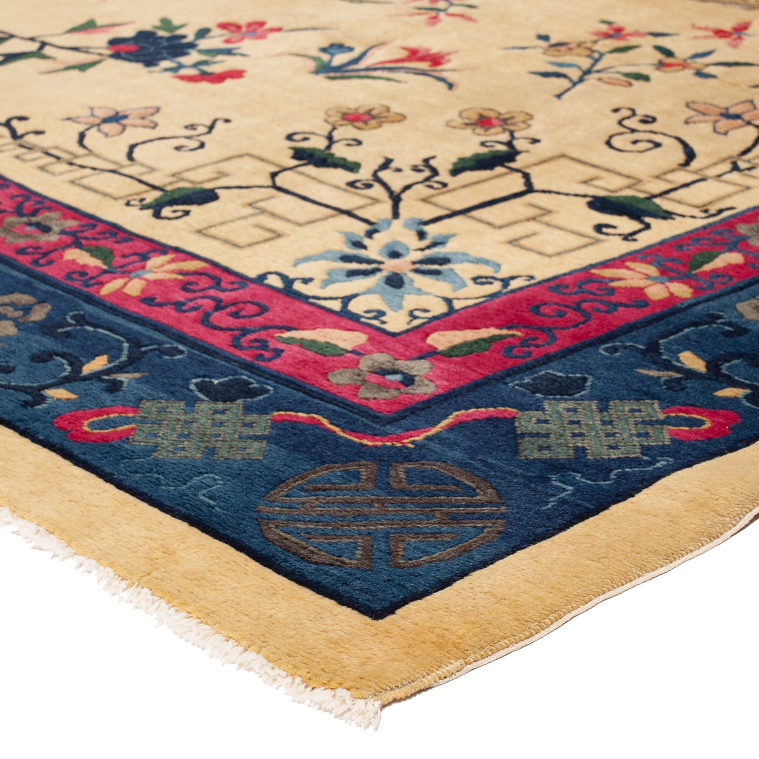 Intricate traditional oriental rug with floral and geometric motifs close-up