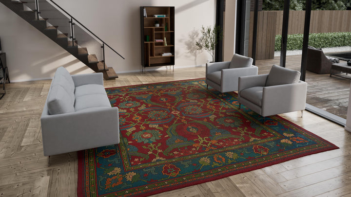 Red & Blue Antique Irish Donegal Rug - 12'2" x 14'1"