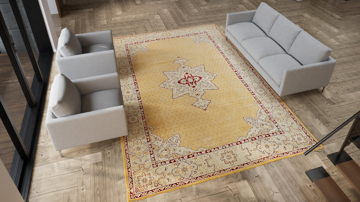 Yellow Vintage Turkish Oushak Wool Rug - 9'9" x 13'9"