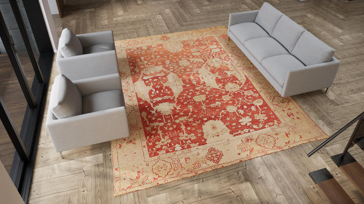 Red Antique Turkish Oushak Rug - 10'10" x 12'6"