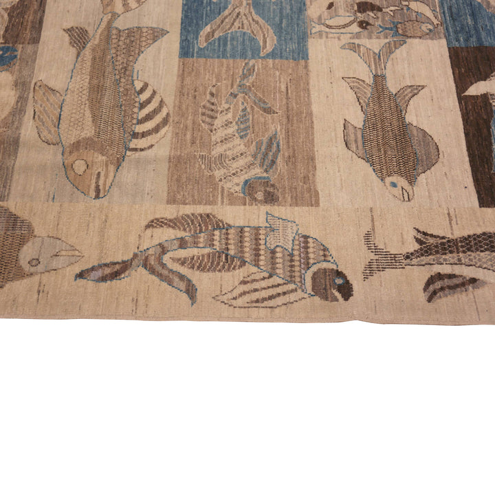 Blue & Brown Zameen Contemporary Wool Rug - 8'4" x 9'8"