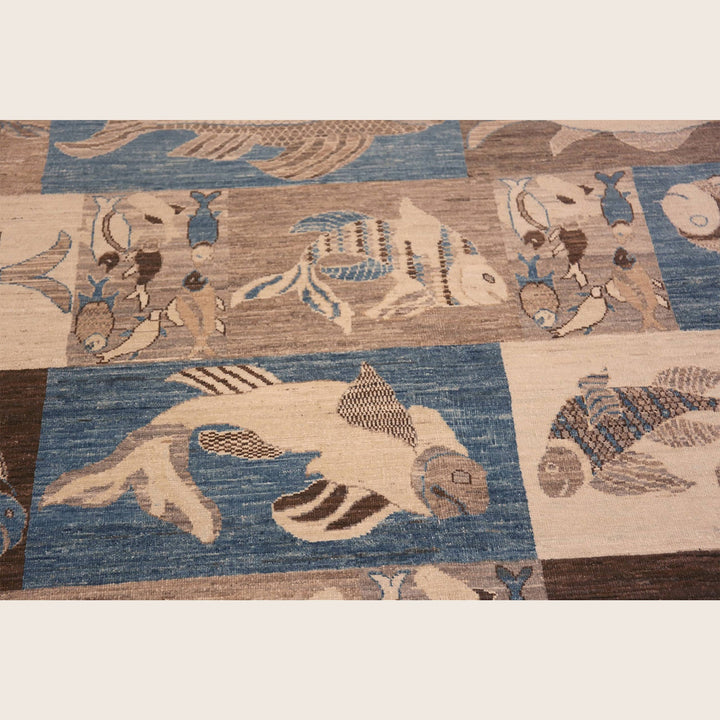 Blue & Brown Zameen Contemporary Wool Rug - 8'4" x 9'8"