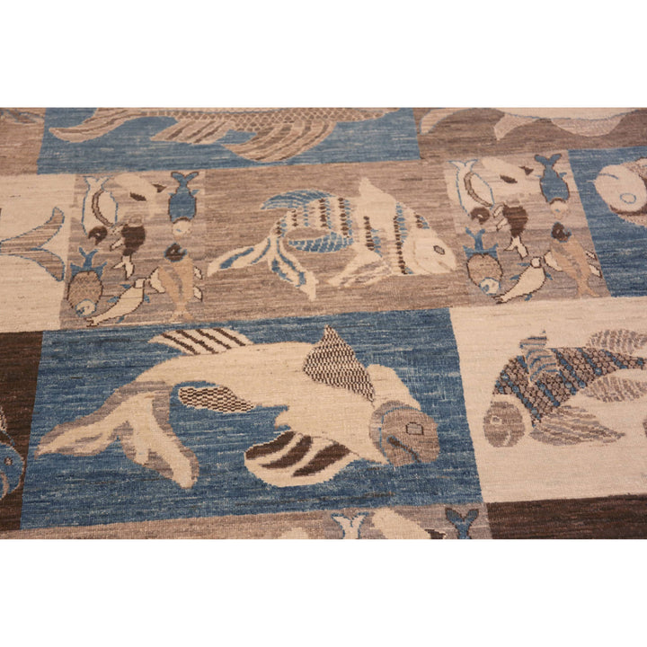 Blue & Brown Zameen Contemporary Wool Rug - 8'4" x 9'8"