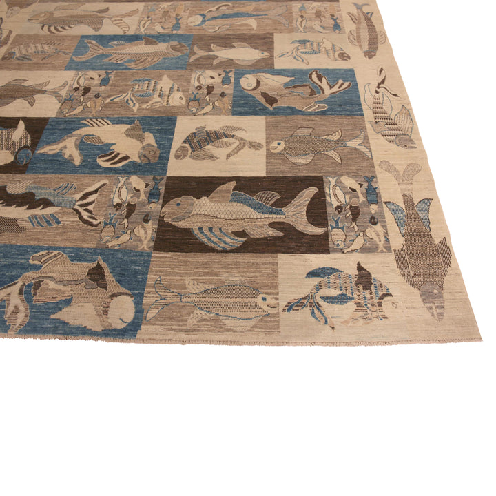Blue & Brown Zameen Contemporary Wool Rug - 8'4" x 9'8"