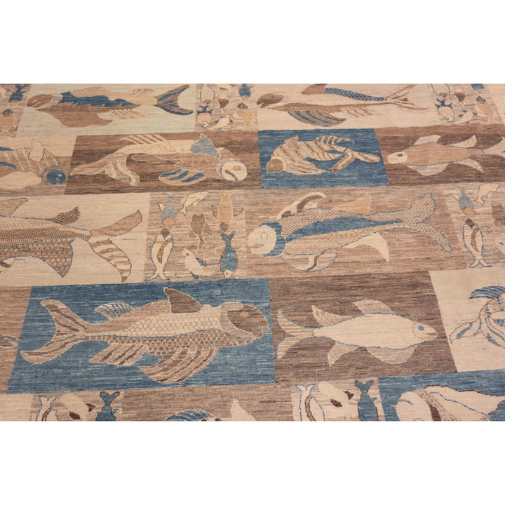Blue & Brown Zameen Contemporary Wool Rug - 8'4" x 9'8"