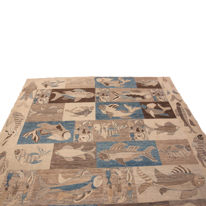Blue & Brown Zameen Contemporary Wool Rug - 8'4" x 9'8"