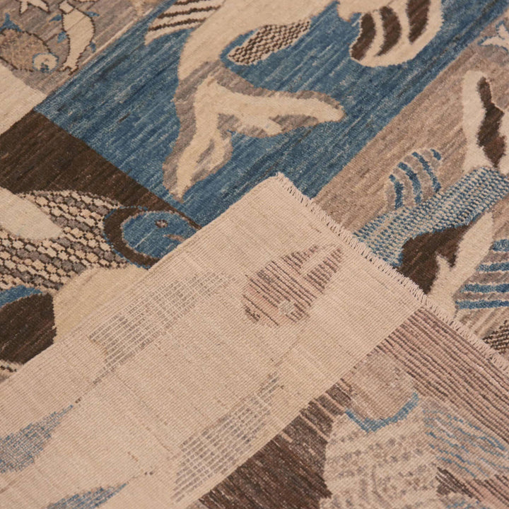 Blue & Brown Zameen Contemporary Wool Rug - 8'4" x 9'8"