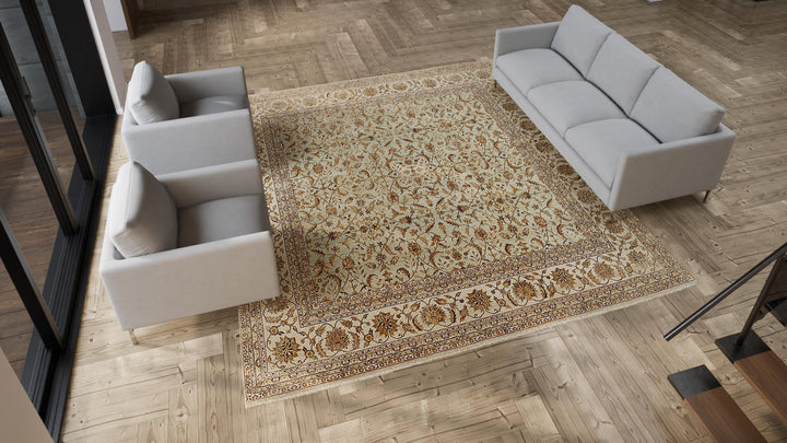 Beige Traditional Wool Silk Blend Rug - 10'10" x 11'4"