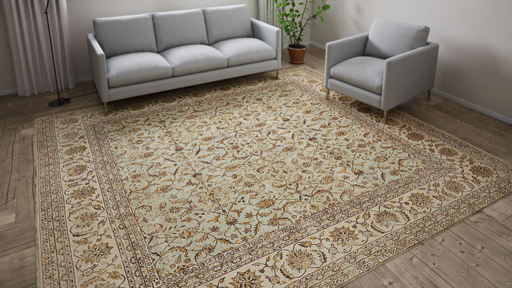 Beige Traditional Wool Silk Blend Rug - 10'10" x 11'4"