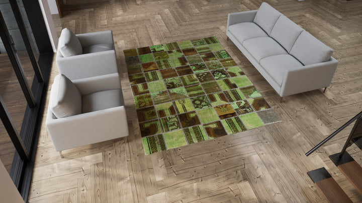 Green Patchwork Wool Rug - 7'1"W x 9'1"