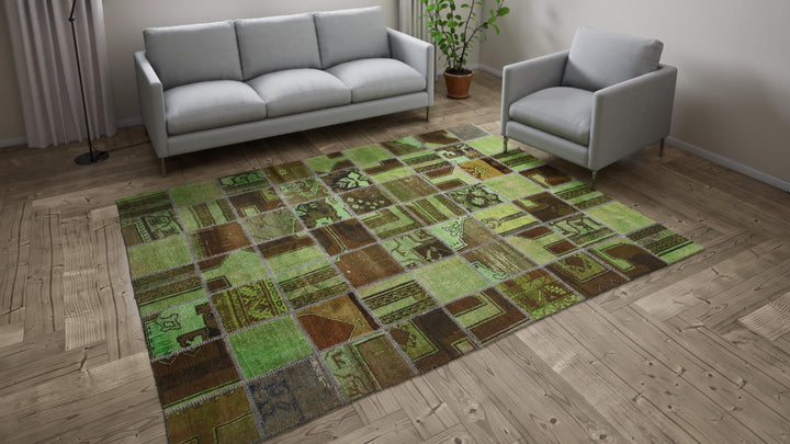 Green Patchwork Wool Rug - 7'1"W x 9'1"