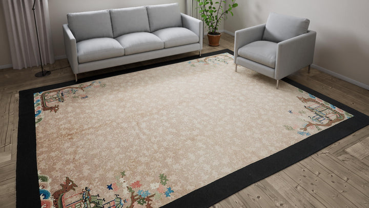 Beige & Black Antique Chinese Rug - 9'2"x11'8"