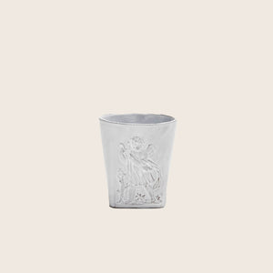 Embossed white cup with angelic figure design and floral patterns. - hover