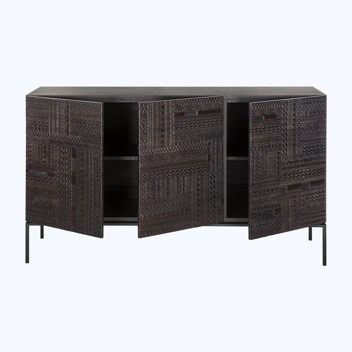 Intricately carved dark wooden sideboard with symmetrical design and storage.