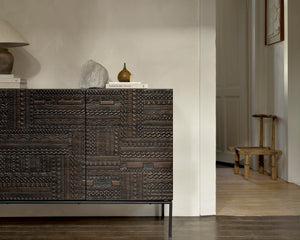 Stylish and intricate sideboard with geometric patterns on sleek metal frame. - hover