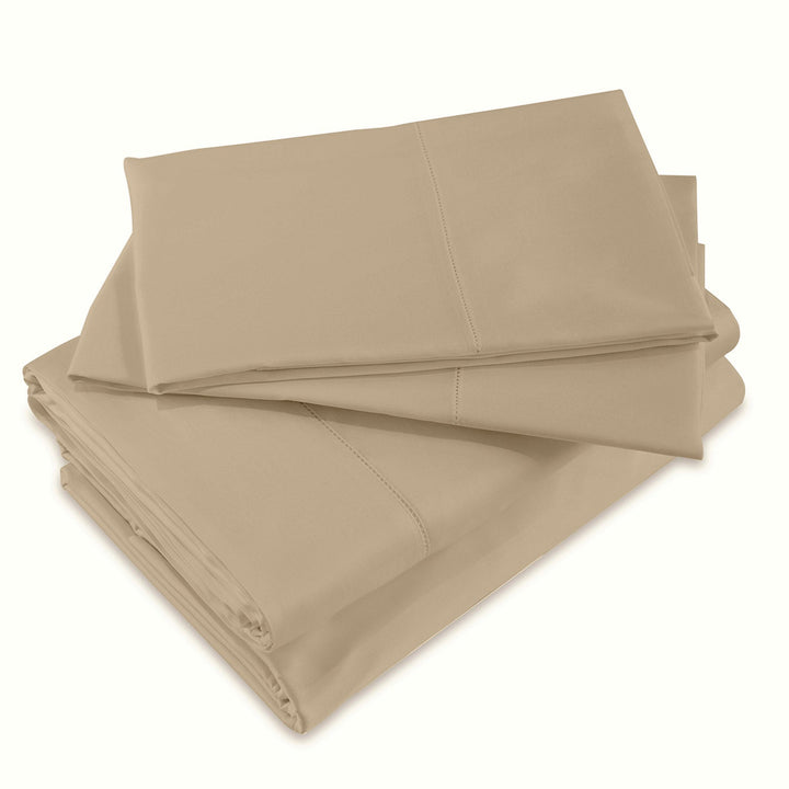 Neatly folded beige fabric sheets, high-quality cotton blend, durable stitching.