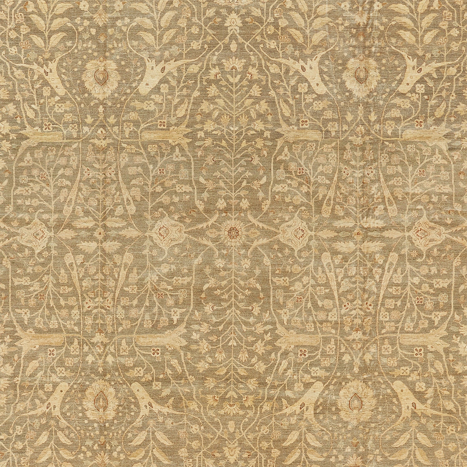 Intricate vintage botanical pattern on beige textile, possibly handwoven carpet.