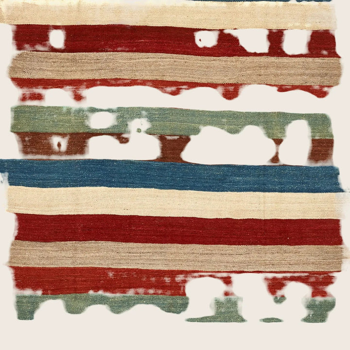 Handwoven textile with horizontal stripes in rustic earthy colors.