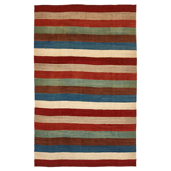 Colorful striped rug with textured weave adds warmth to interiors.