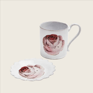 Detailed pink rose on scalloped paper, white background, artistic presentation. - hover