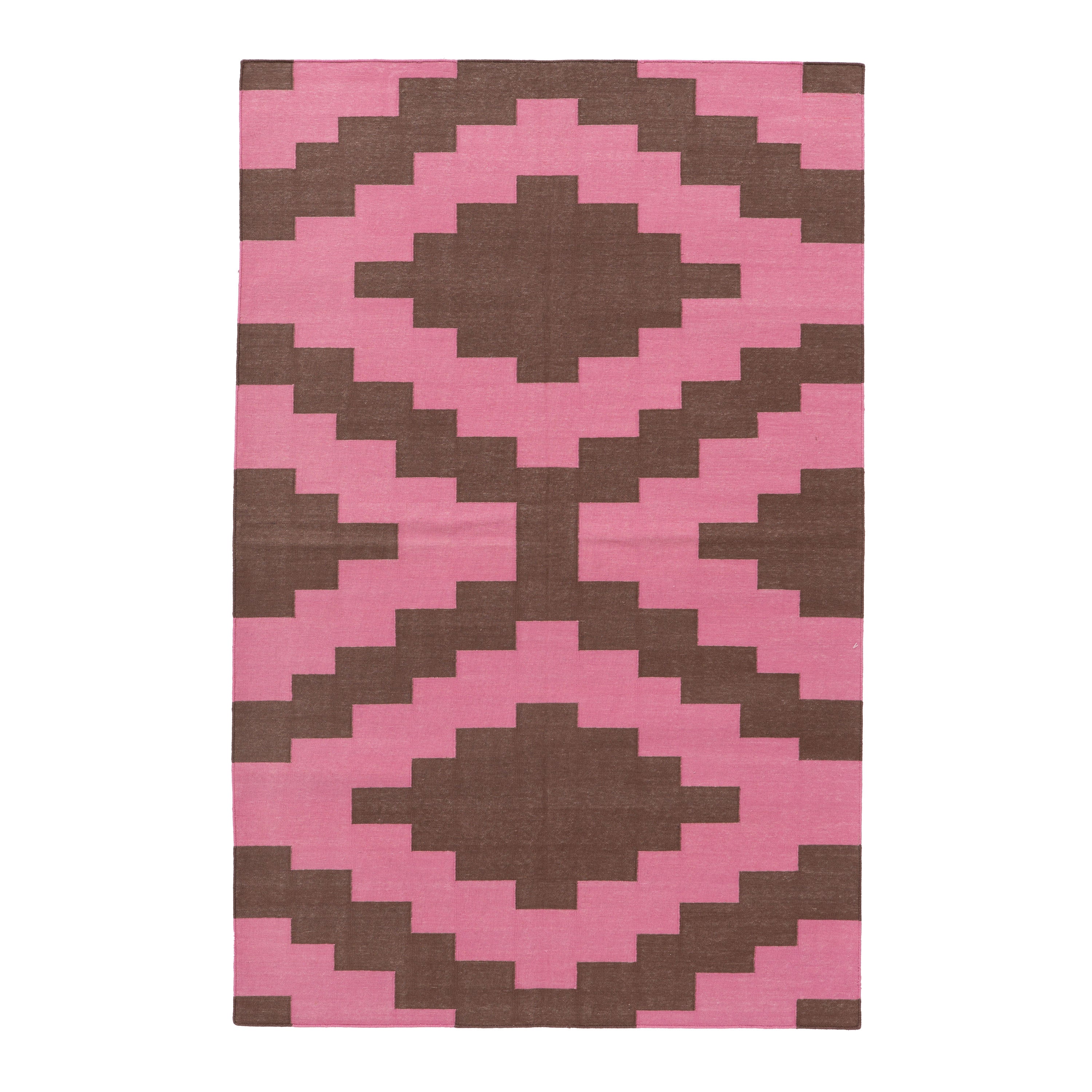 Pink and Brown Geometric Flatweave Cotton Rug - 3'6" x 5'6"