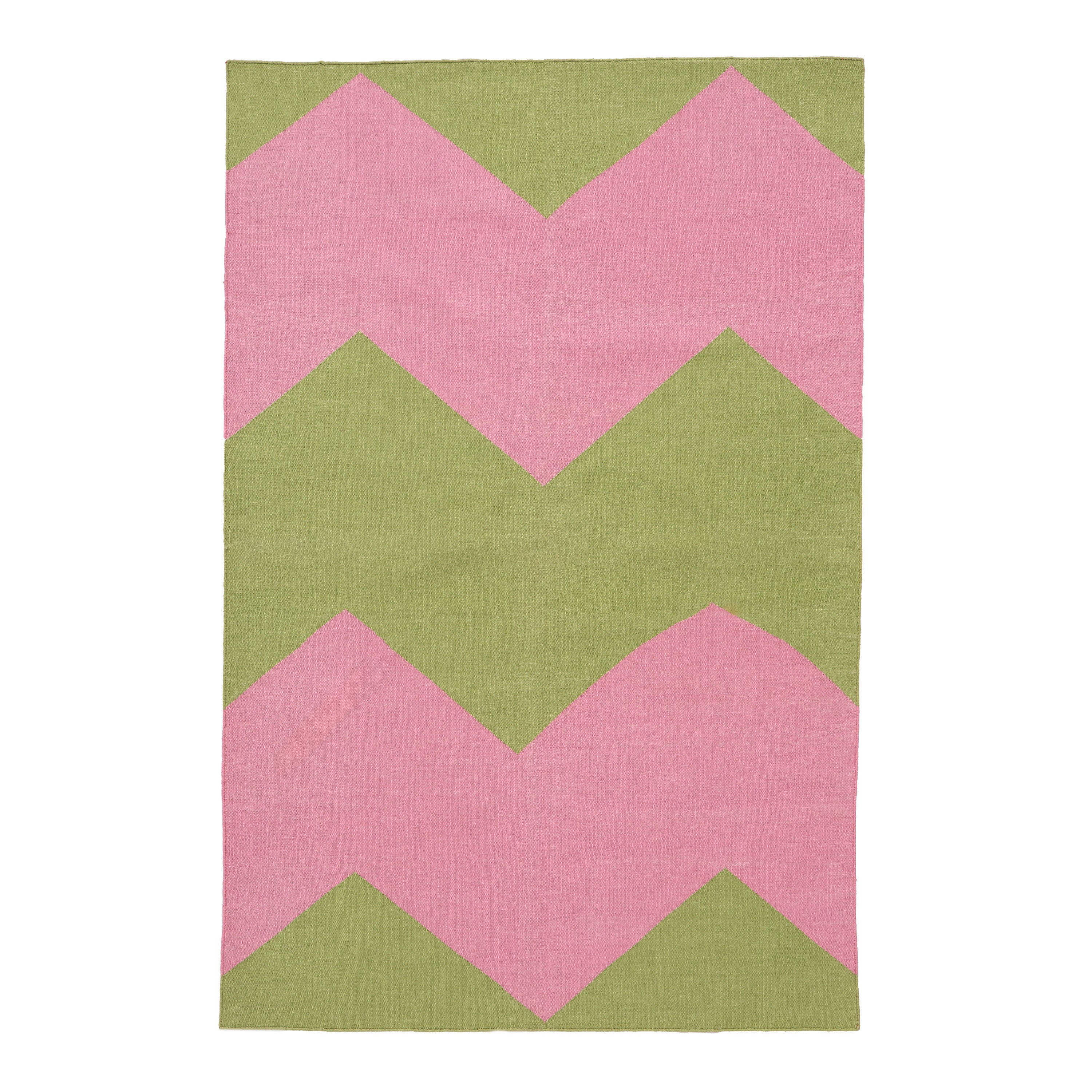 Green and Pink Chevron Flatweave Cotton Rug - 3'6" x 5'6"