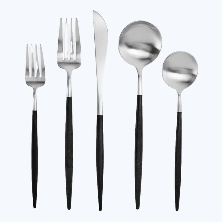 Set of silverware with dinner fork, salad fork, dinner knife, soup spoon, teaspoon. Black handles, white background.