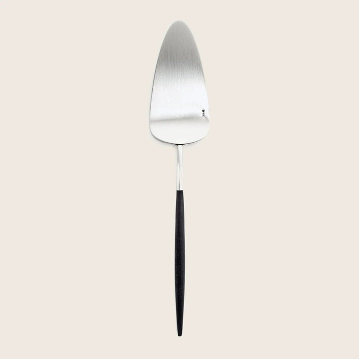 Cheese knife with brushed metal blade and sleek black handle.