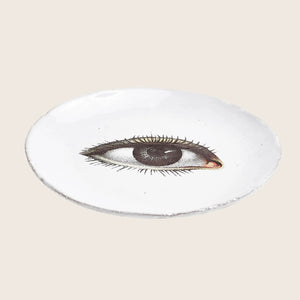 Handmade white plate with detailed realistic human eye illustration. - hover
