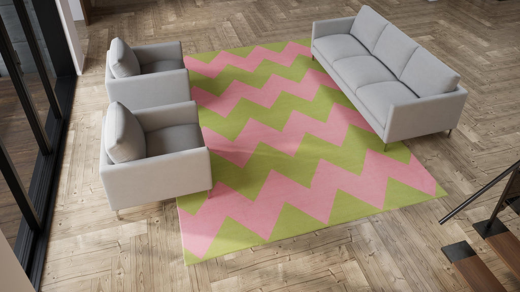 Pink & Green Chevron Dhurrie Cotton Rug - 8'10" x 11'10"